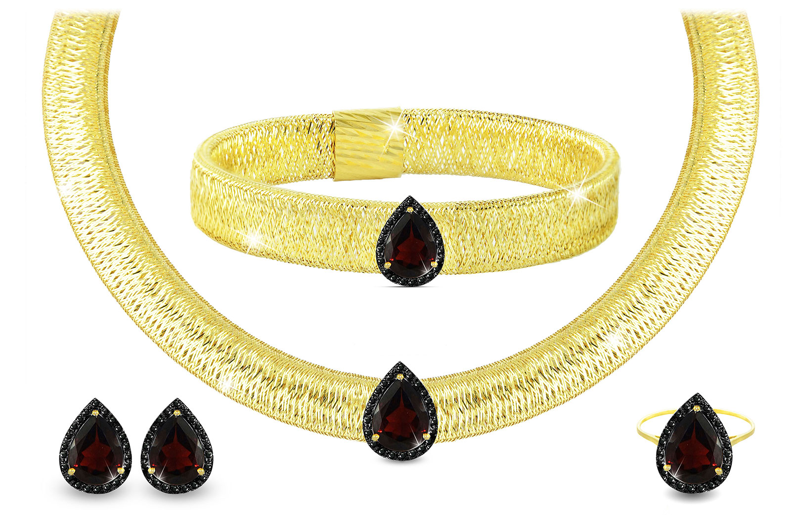 Vera Perla 18K Gold 0.60ct Black Diamonds, Garnet Jewelry Set - 4 pcs.